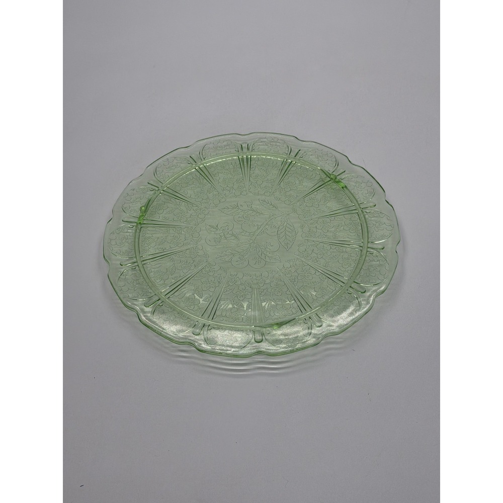 Jeannette Green Uranium Glass Cherry Blossom 10.5" 3-Footed Platter Vintage